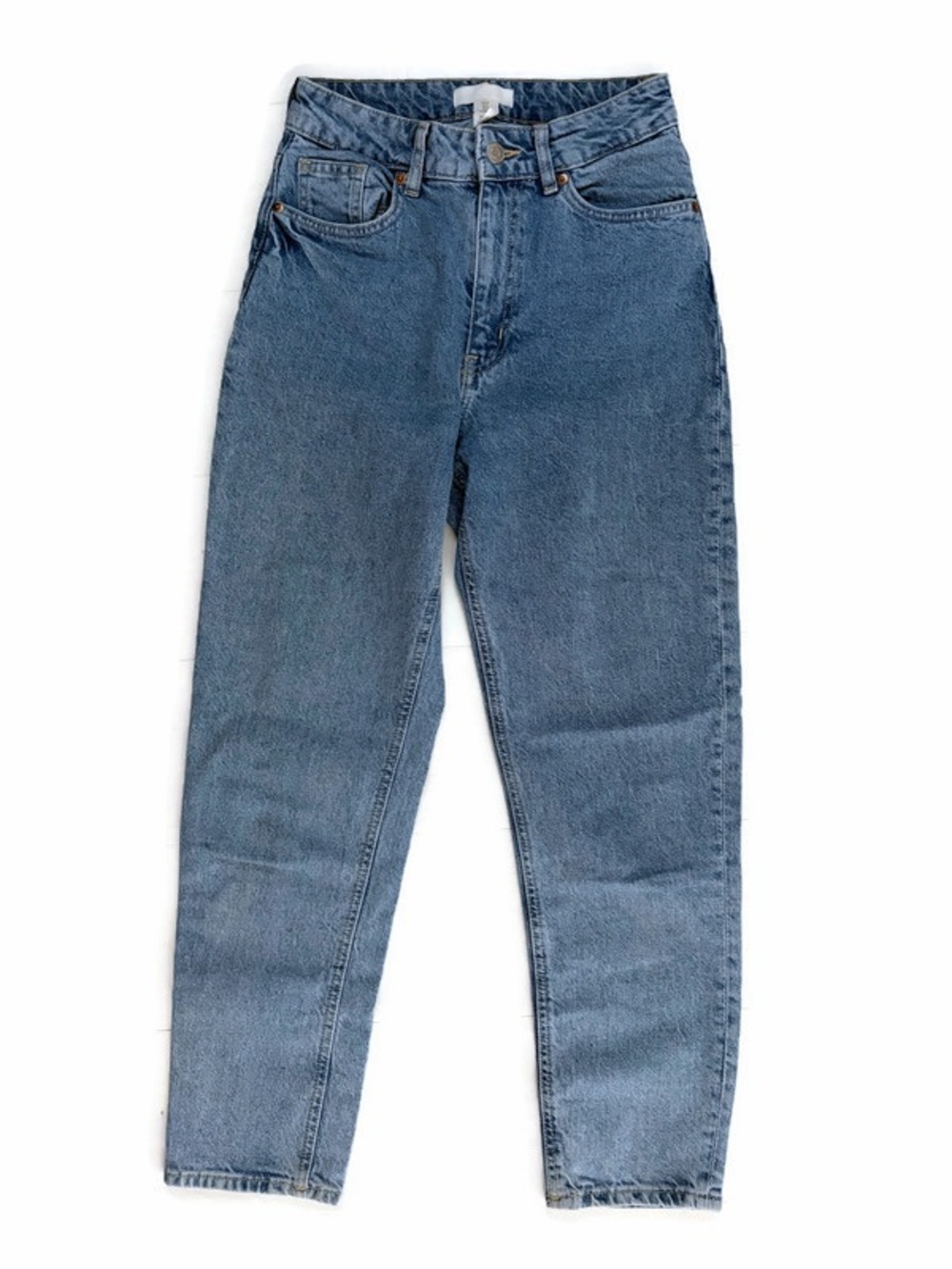 H&M Blue Denim Jeans High Rise Mom Jeans Tapered Leg 5 Pockets Zipper, Women’s 4